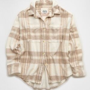 NWT AE American Eagle Fleece shacket Jacket Plaid Overshirt Beige XS